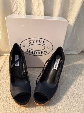 Steve Madden Black Peep-Toe Platform Pumps with Cork Platform